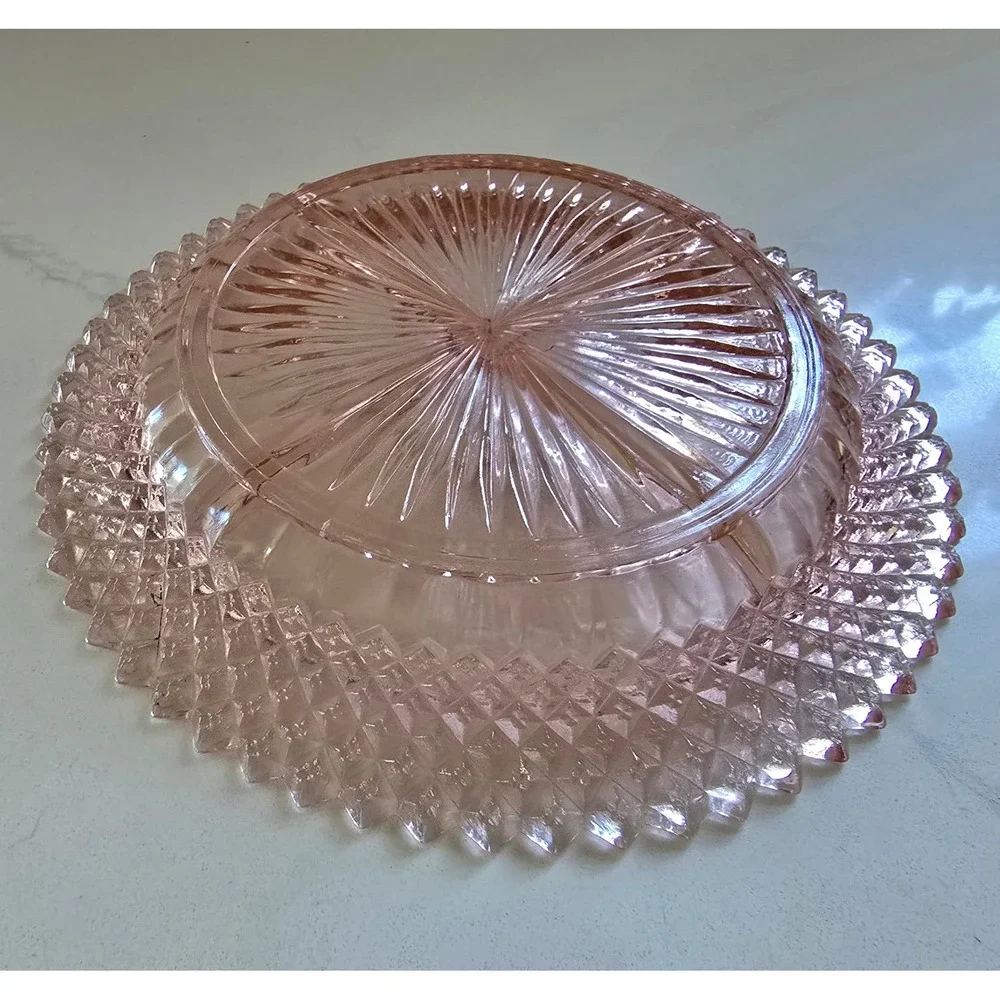 Vintage Pink Depression Glass Divided Relish Dish Diamond Point Sunburst Tray